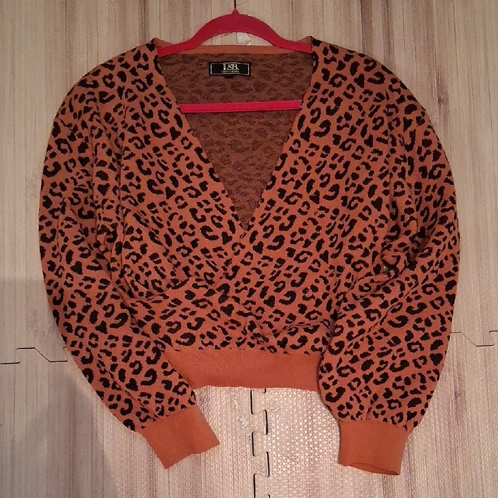 L&B Rust and Black Leopard Print V-Neck Sweater